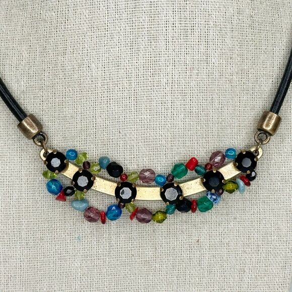 Chico's Colorful Beaded Gold Tone Black Cord Statement Necklace ✨ - Picture 9 of 14
